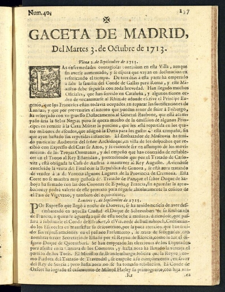 Miniatura de Gaceta de Madrid del del 3 de octubre de 1713, nº 40