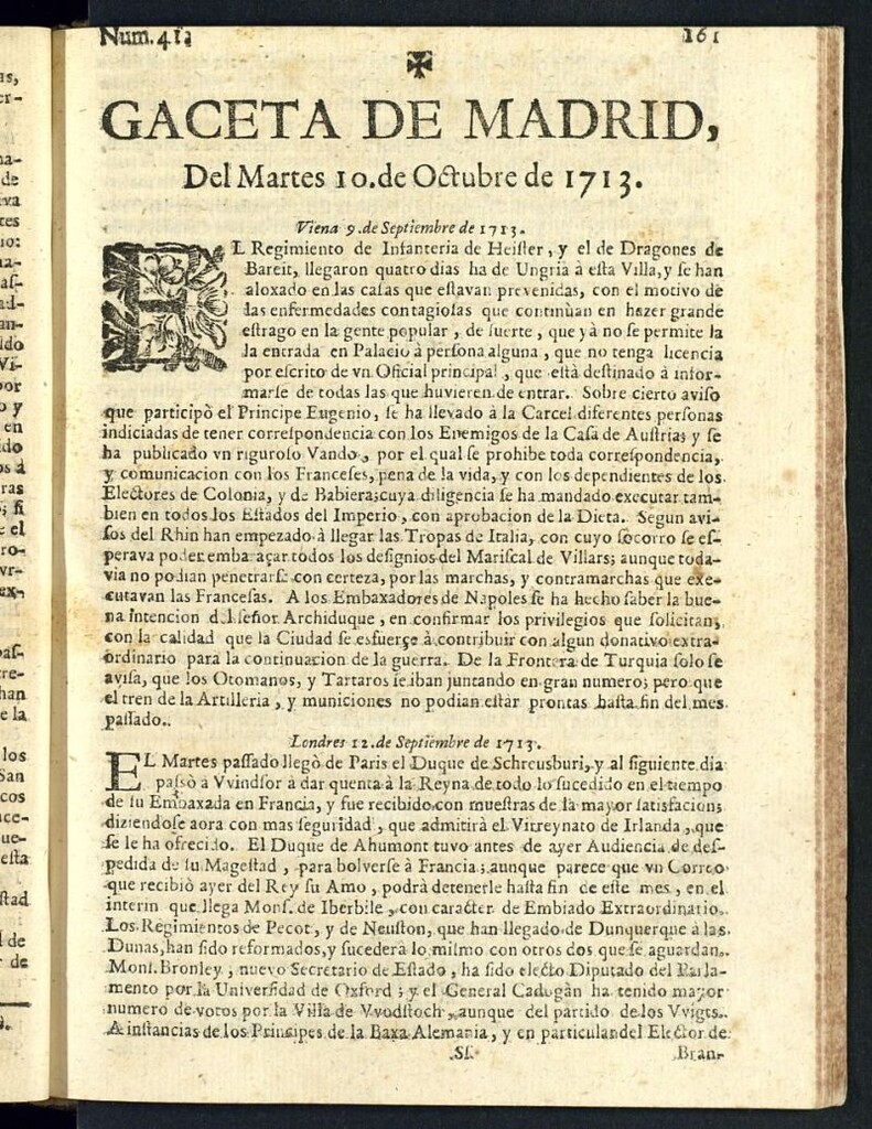 Miniatura de Gaceta de Madrid del del 10 de octubre de 1713, nº 41