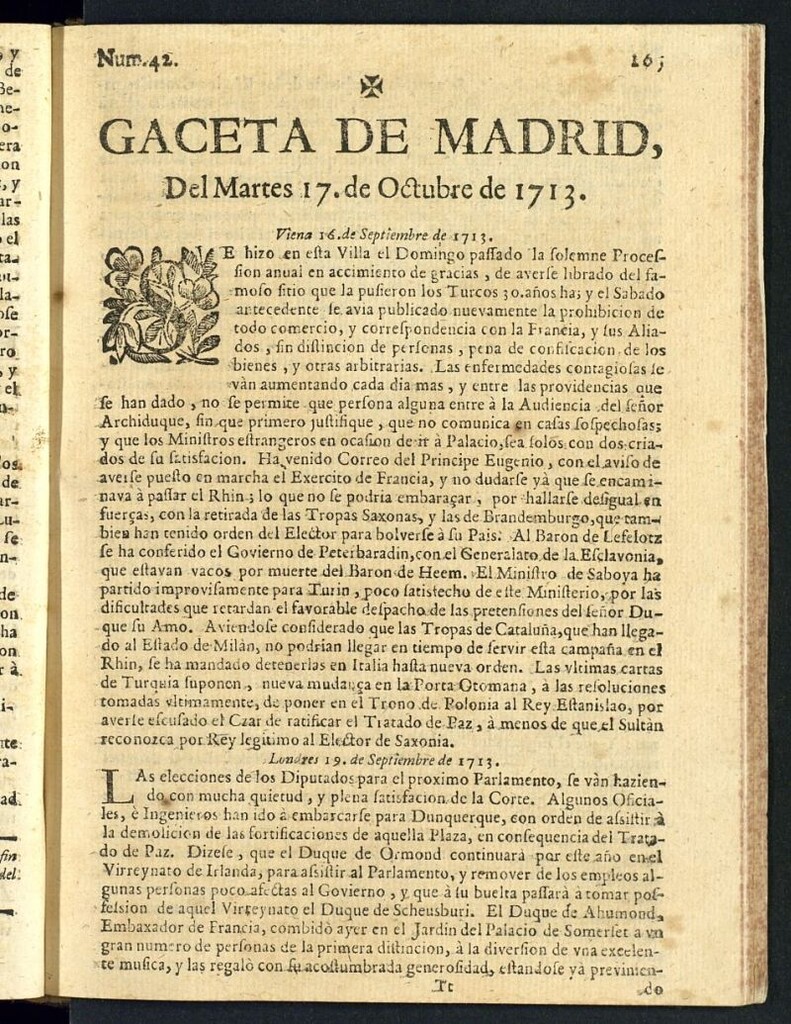 Miniatura de Gaceta de Madrid del del 17 de octubre de 1713, nº 42