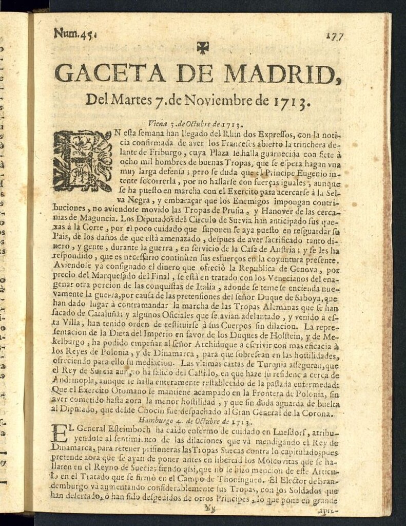 Miniatura de Gaceta de Madrid del del 7 de noviembre de 1713, nº 45