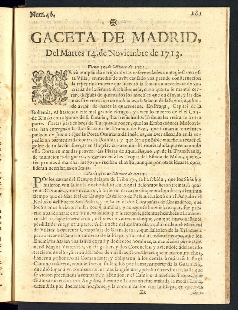 Miniatura de Gaceta de Madrid del del 14 de noviembre de 1713, nº 46