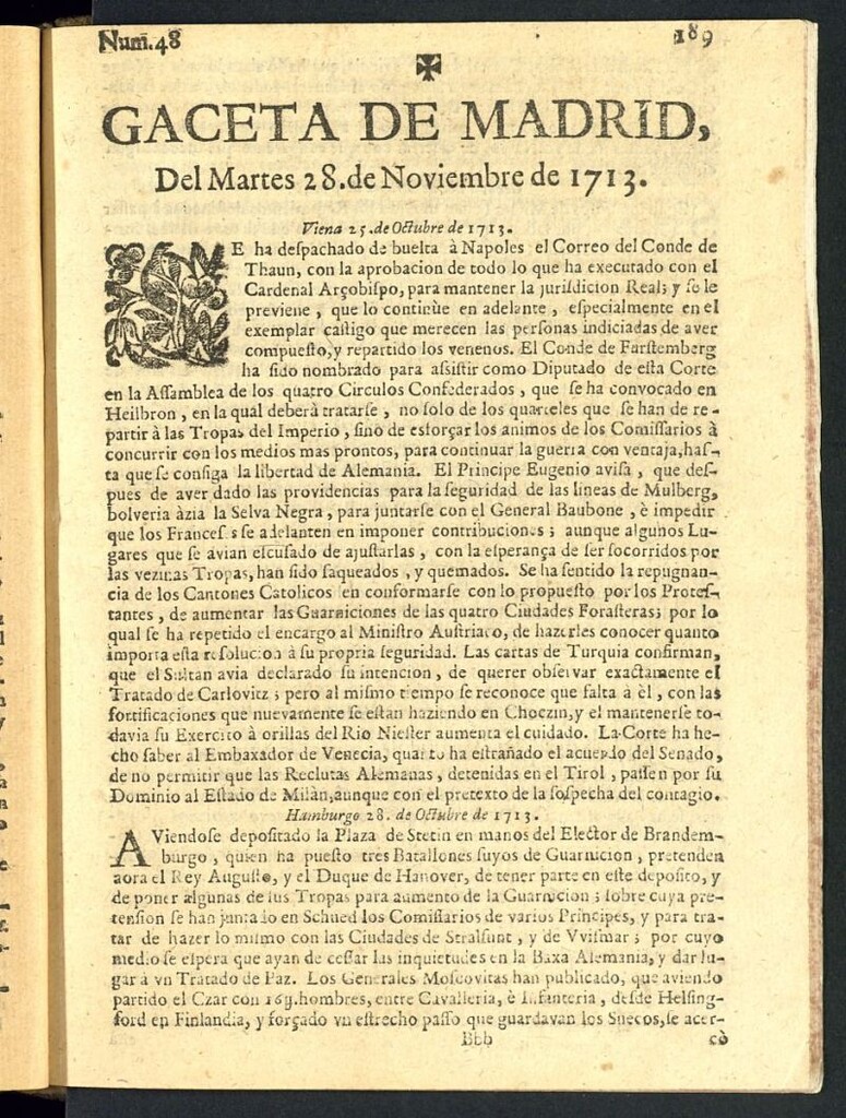 Miniatura de Gaceta de Madrid del del 28 de noviembre de 1713, nº 48