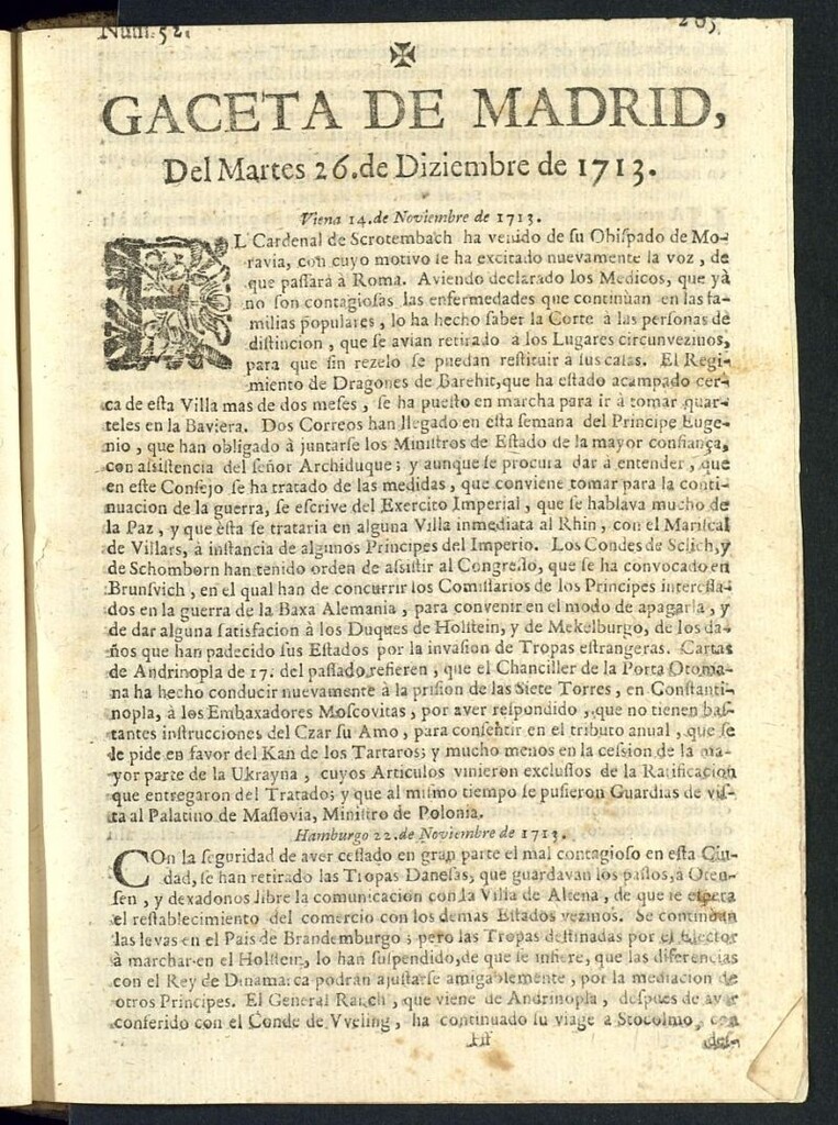 Miniatura de Gaceta de Madrid del del 26 de diciembre de 1713, nº 52
