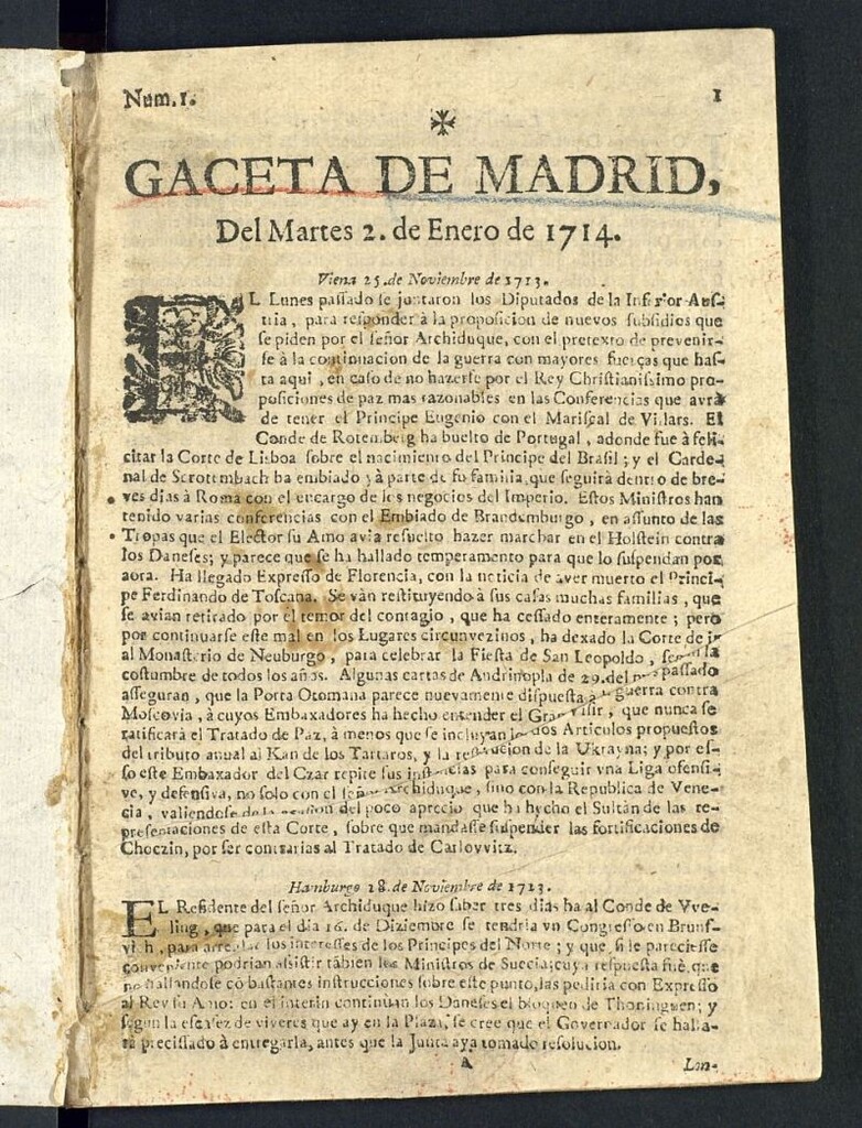 Miniatura de Gaceta de Madrid del del 2 de enero de 1714, nº 1
