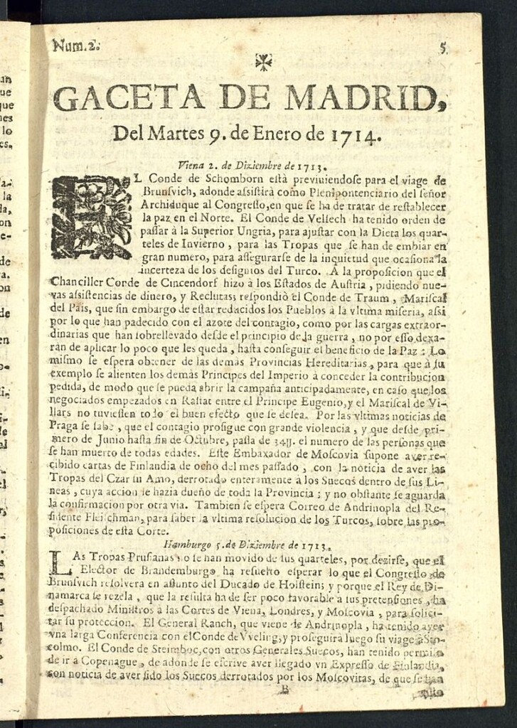 Miniatura de Gaceta de Madrid del del 9 de enero de 1714, nº 2