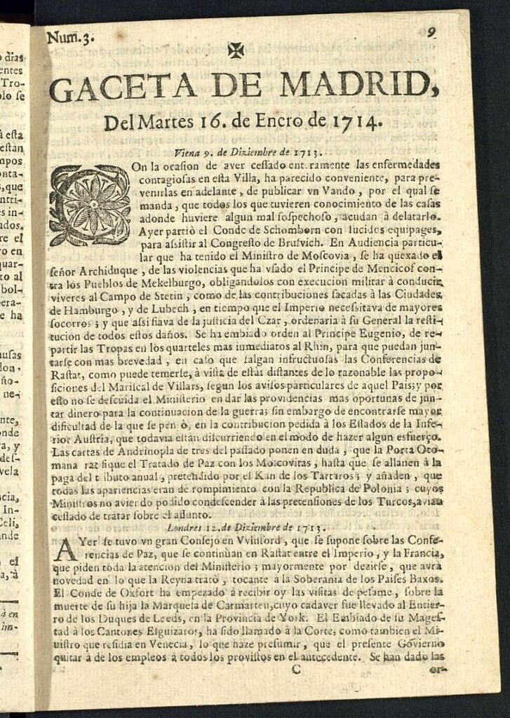 Miniatura de Gaceta de Madrid del del 16 de enero de 1714, nº 3