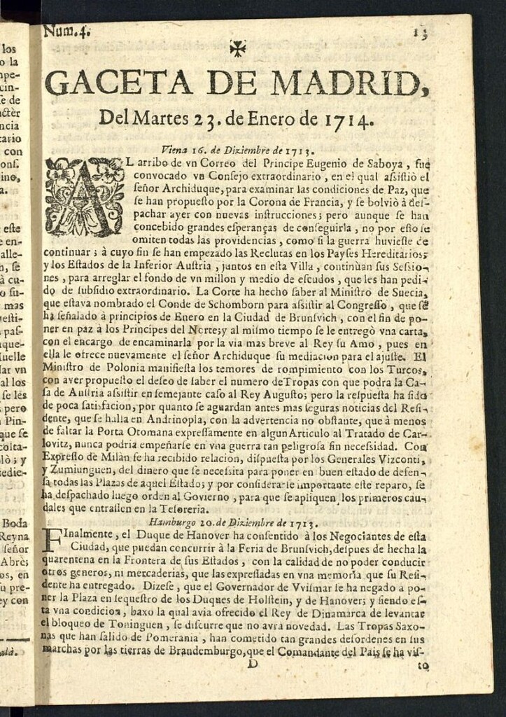Miniatura de Gaceta de Madrid del del 23 de enero de 1714, nº 4