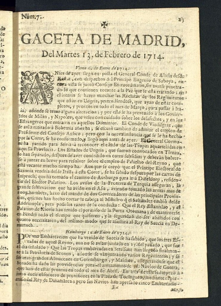 Miniatura de Gaceta de Madrid del del 13 de febrero de 1714, nº 7