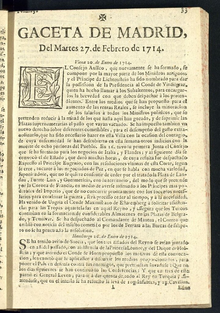 Miniatura de Gaceta de Madrid del del 27 de febrero de 1714, nº 9