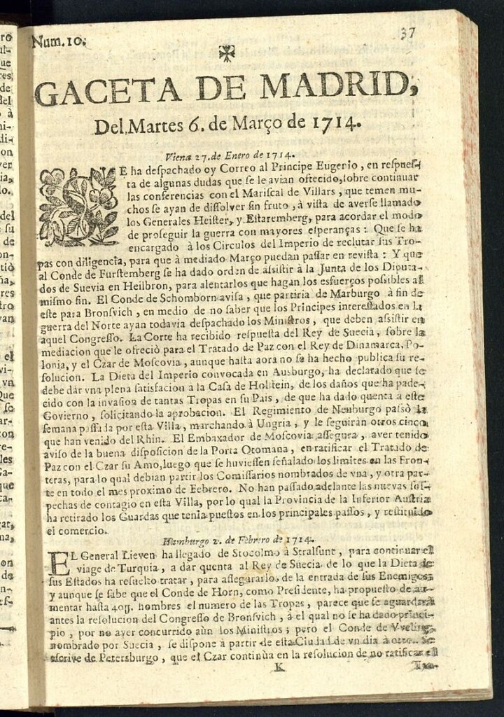 Miniatura de Gaceta de Madrid del del 6 de marzo de 1714, nº 10