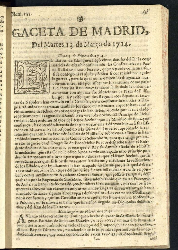 Miniatura de Gaceta de Madrid del del 13 de marzo de 1714, nº 11
