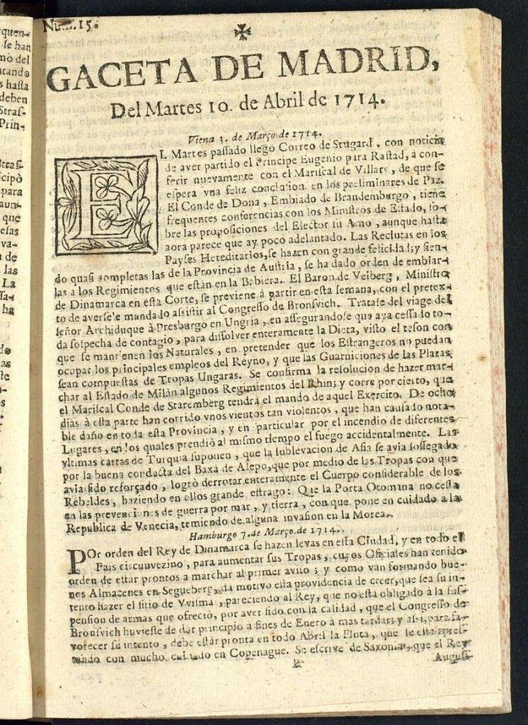 Miniatura de Gaceta de Madrid del del 10 de abril de 1714, nº 15