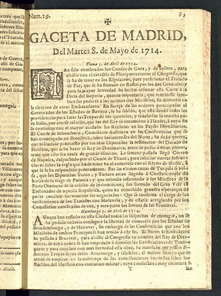 Miniatura de Gaceta de Madrid del del 8 de mayo de 1714, nº 19