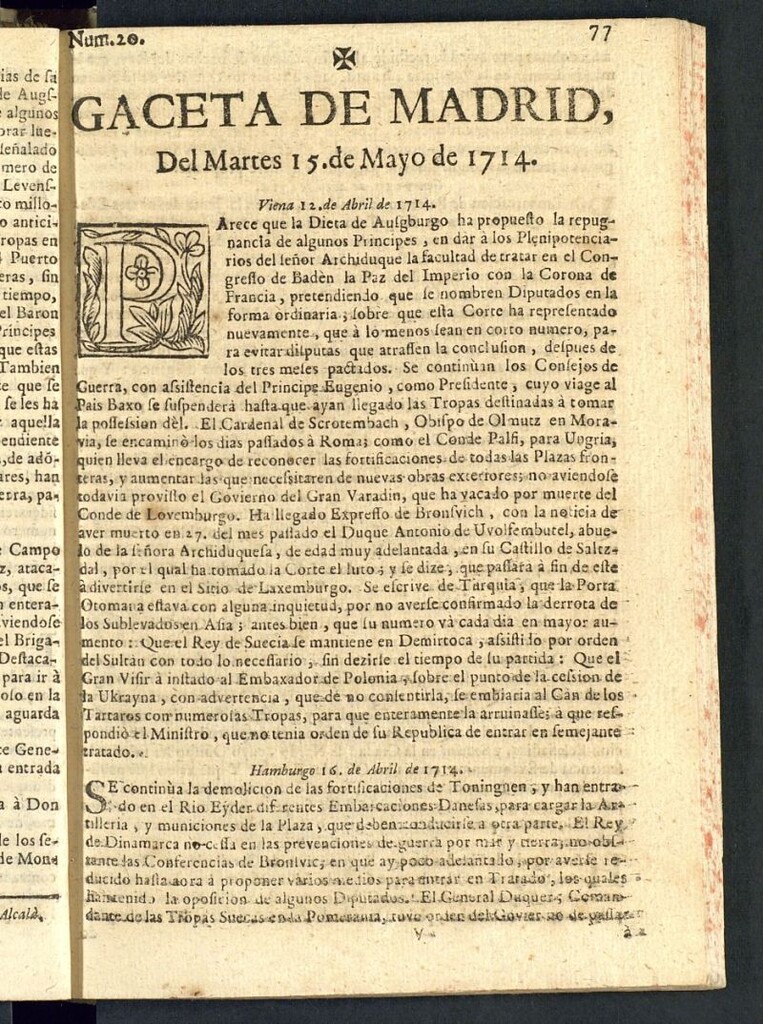 Miniatura de Gaceta de Madrid del del 15 de mayo de 1714, nº 20