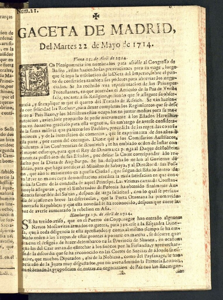 Miniatura de Gaceta de Madrid del del 22 de mayo de 1714, nº 21