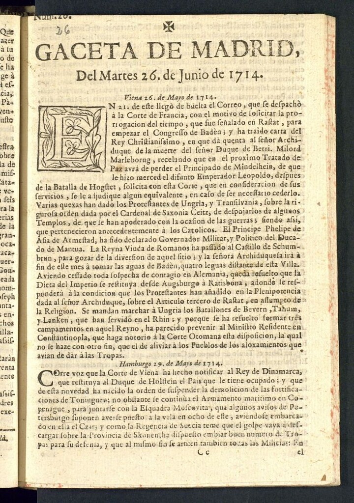 Miniatura de Gaceta de Madrid del del 26 de junio de 1714, nº 26