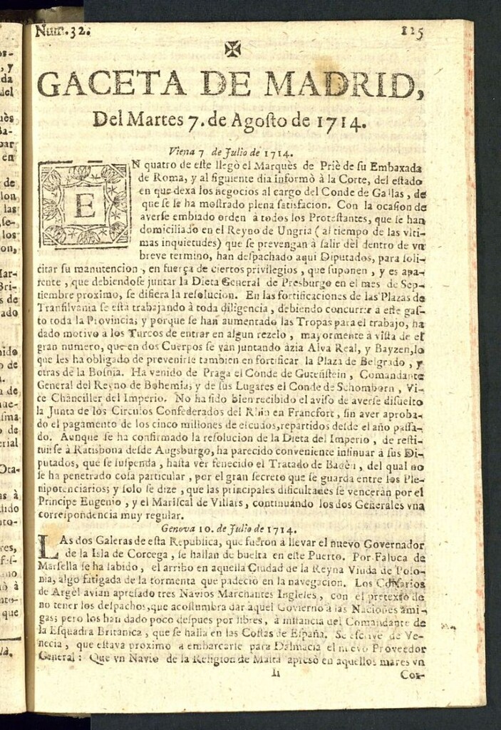 Miniatura de Gaceta de Madrid del del 7 de agosto de 1714, nº 32
