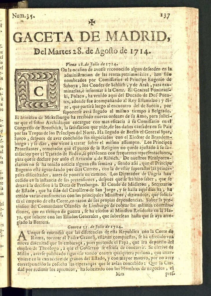 Miniatura de Gaceta de Madrid del del 28 de agosto de 1714, nº 35