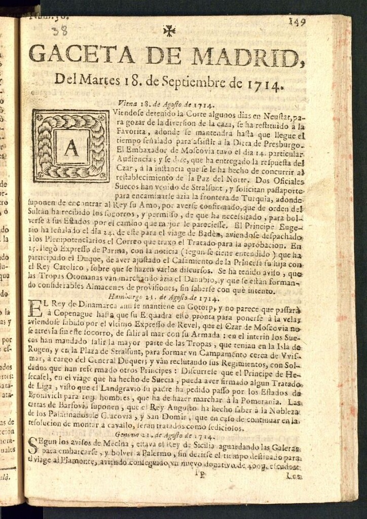 Miniatura de Gaceta de Madrid del del 18 de septiembre de 1714, nº 38