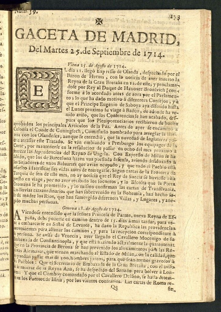 Miniatura de Gaceta de Madrid del del 25 de septiembre de 1714, nº 39