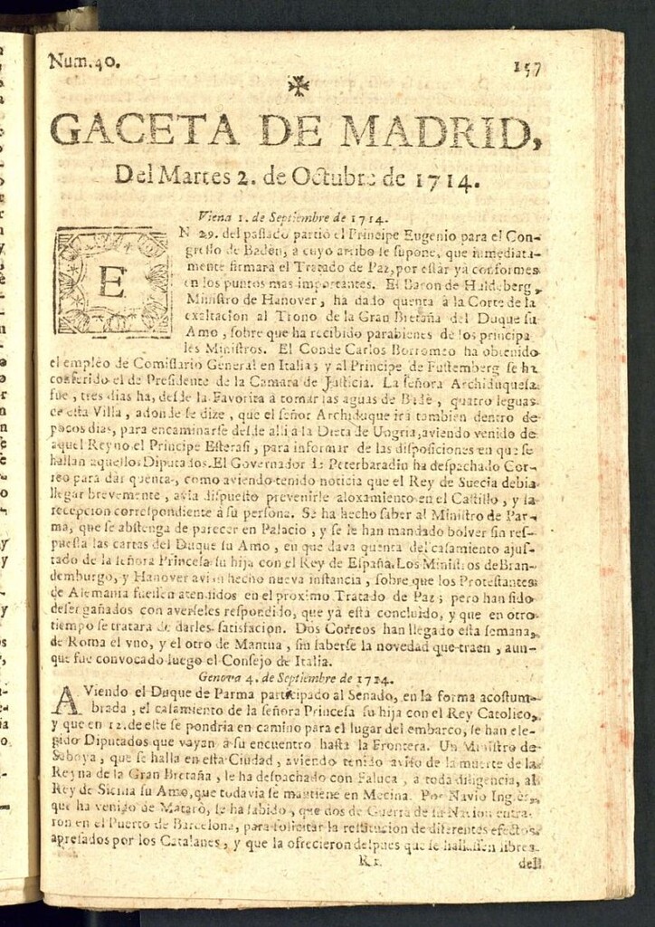 Miniatura de Gaceta de Madrid del del 2 de octubre de 1714, nº 40