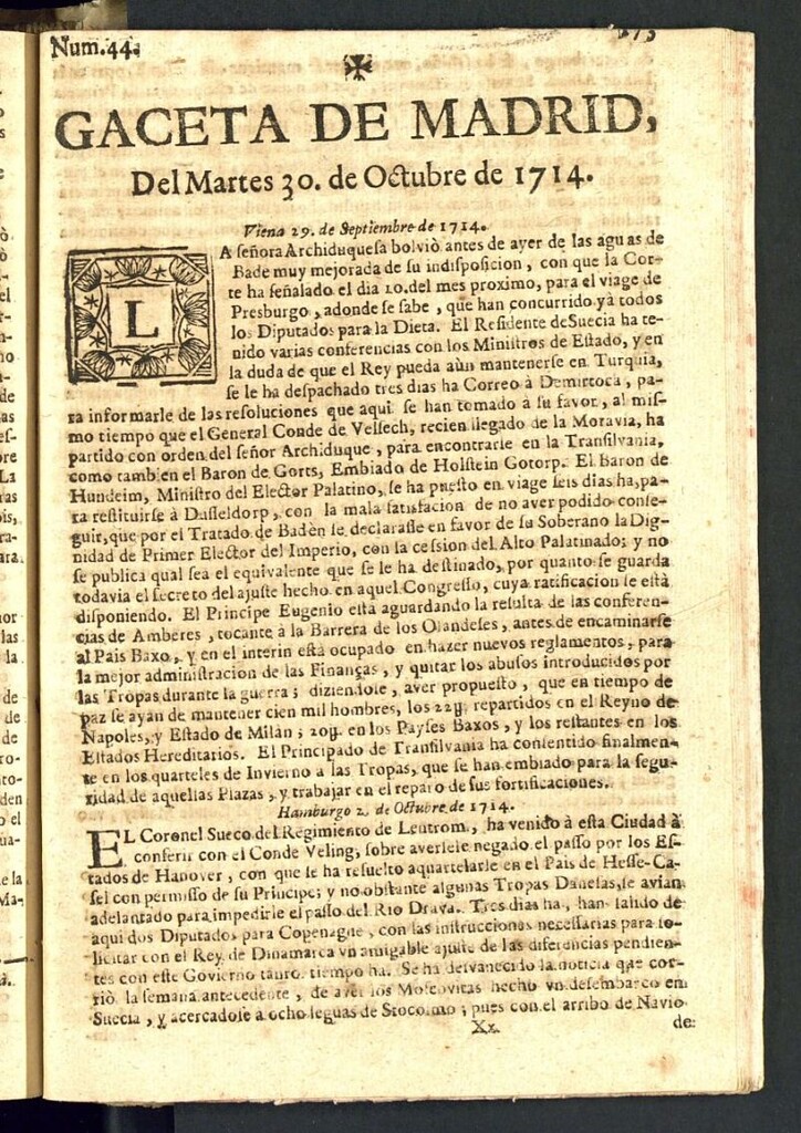 Miniatura de Gaceta de Madrid del del 30 de octubre de 1714, nº 44