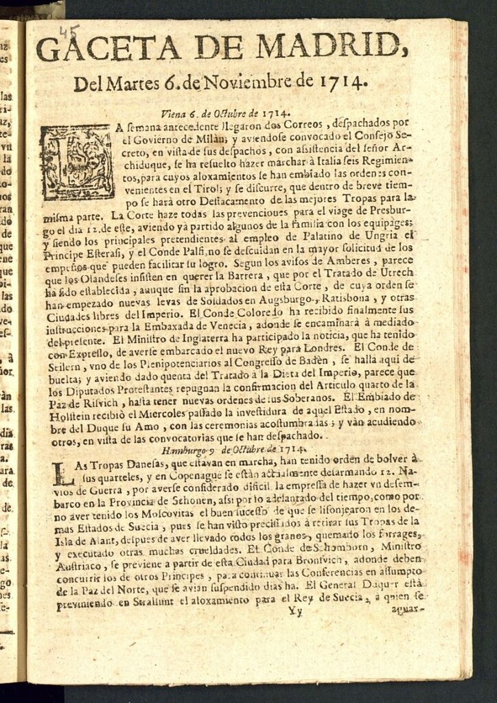 Miniatura de Gaceta de Madrid del del 6 de noviembre de 1714, nº 45