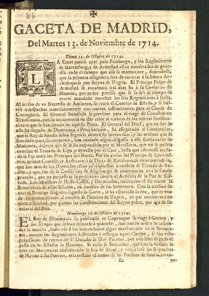 Miniatura de Gaceta de Madrid del del 13 de noviembre de 1714, nº 46