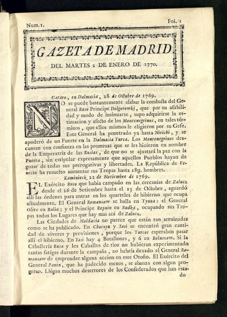 Miniatura de Gazeta de Madrid del 2 de enero de 1770