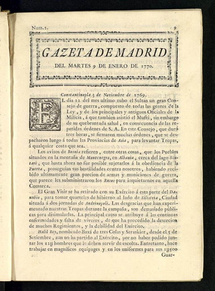 Miniatura de Gazeta de Madrid del 9 de enero de 1770