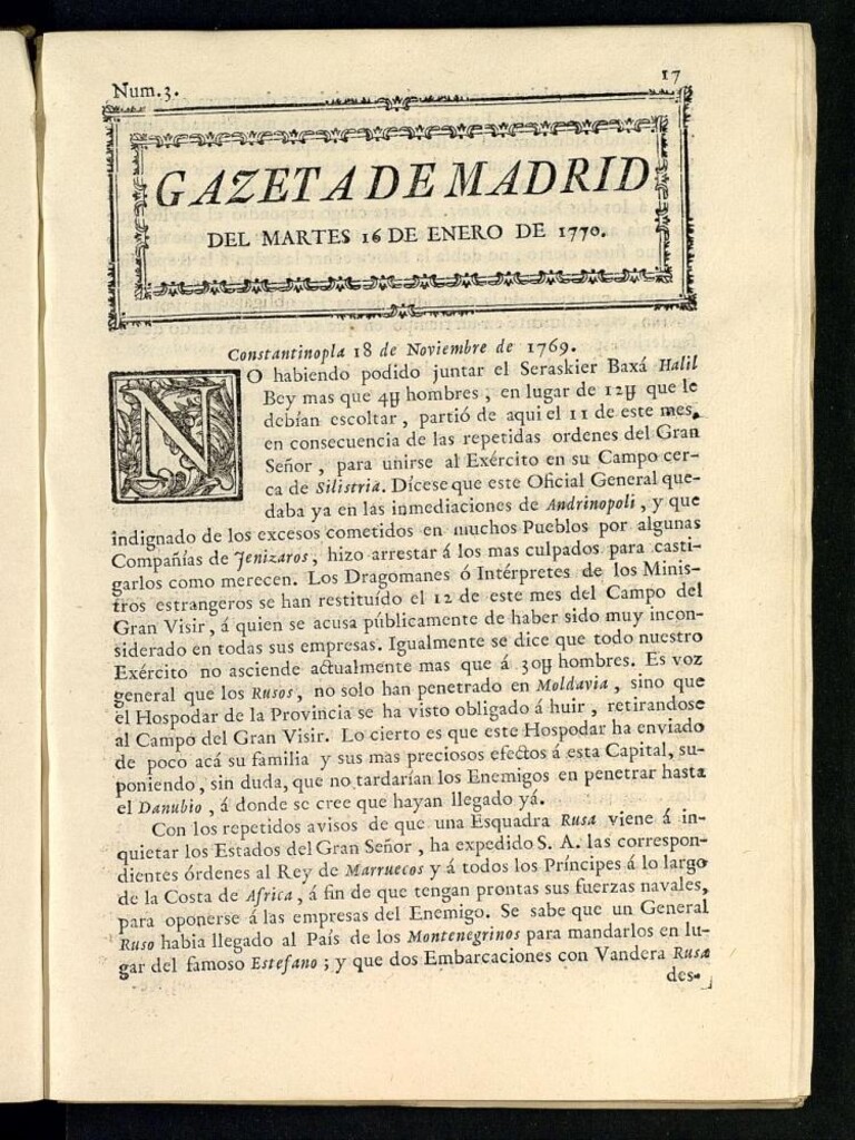 Miniatura de Gazeta de Madrid del 16 de enero de 1770