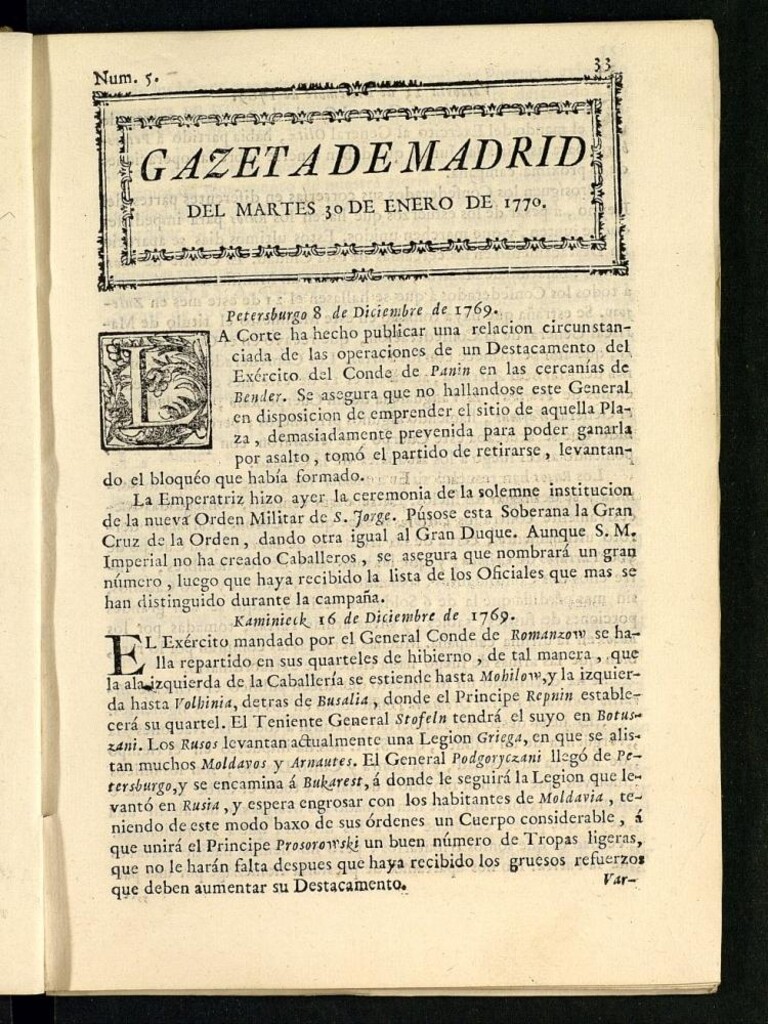 Miniatura de Gazeta de Madrid del 30 de enero de 1770