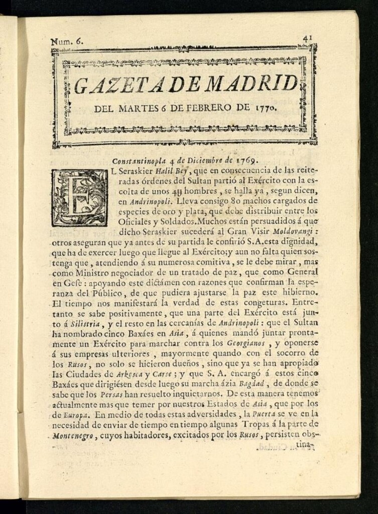 Miniatura de Gazeta de Madrid del 6 de febrero de 1770