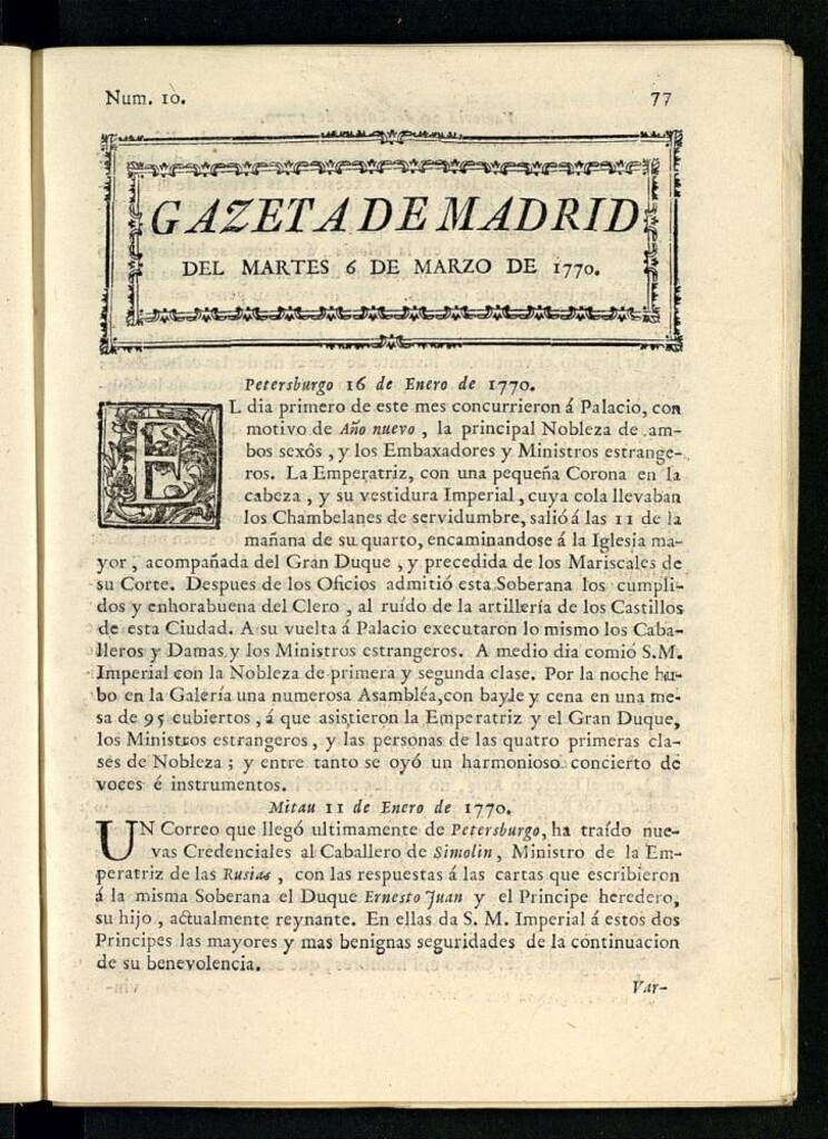 Miniatura de Gazeta de Madrid del 6 de marzo de 1770