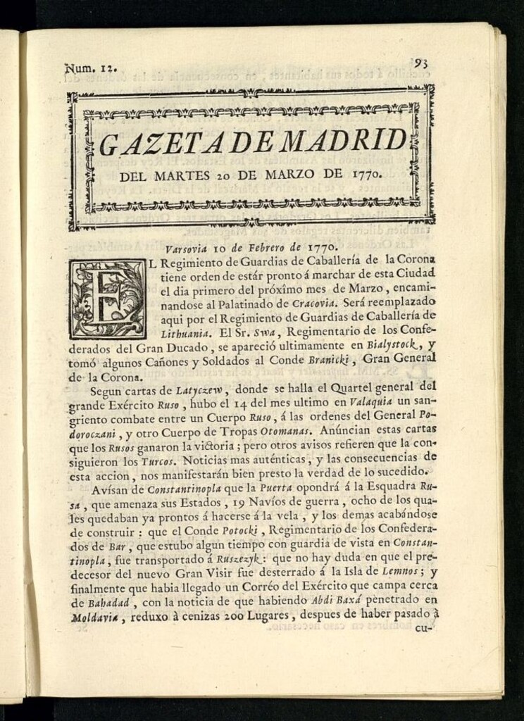 Miniatura de Gazeta de Madrid del 20 de marzo de 1770