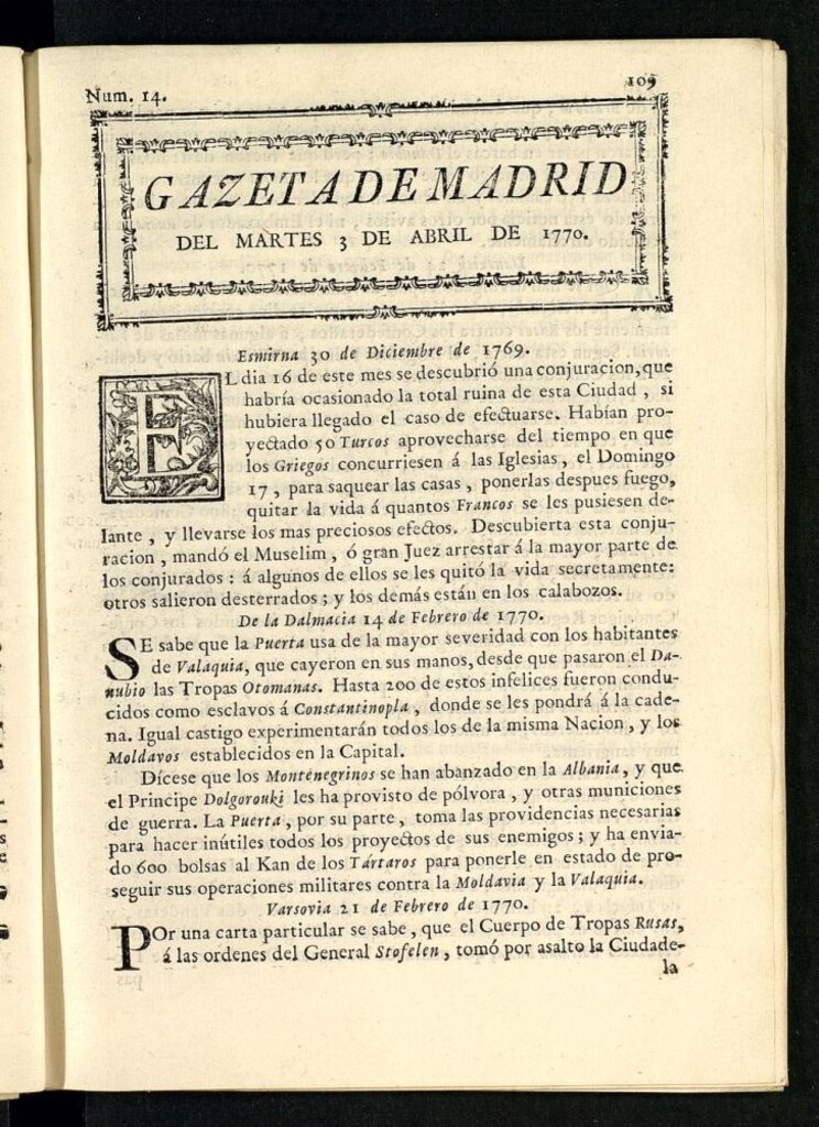 Miniatura de Gazeta de Madrid del 3 de abril de 1770