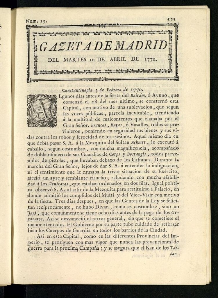 Miniatura de Gazeta de Madrid del 10 de abril de 1770