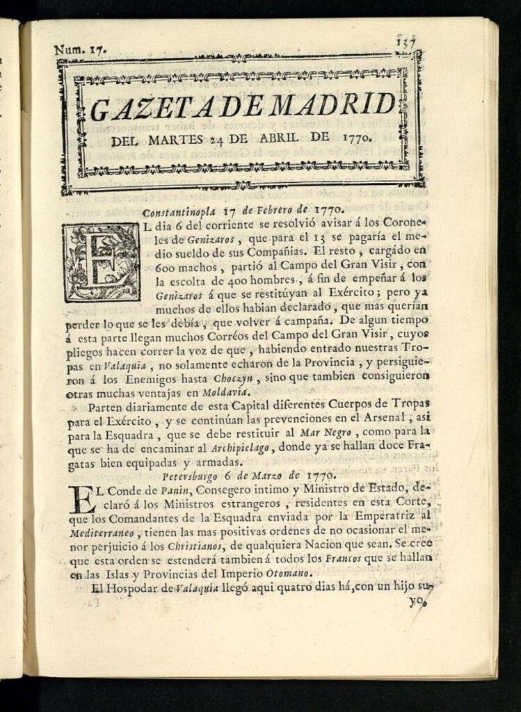 Miniatura de Gazeta de Madrid del 24 de abril de 1770