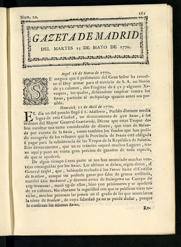 Miniatura de Gazeta de Madrid del 15 de mayo de 1770