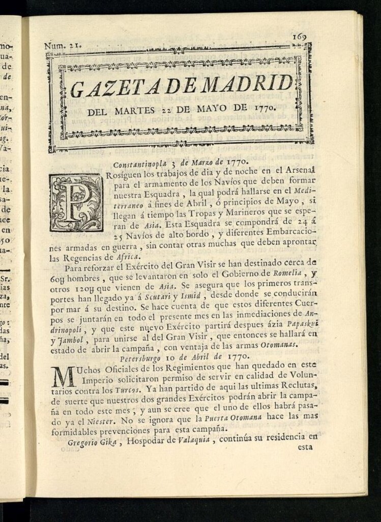 Miniatura de Gazeta de Madrid del 22 de mayo de 1770