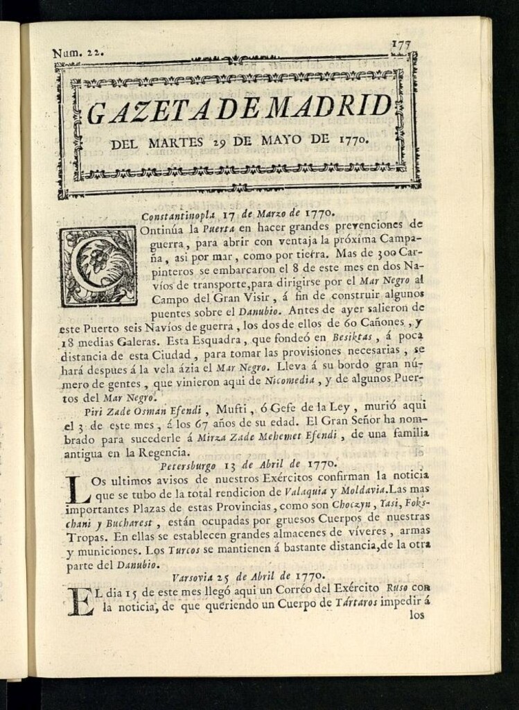 Miniatura de Gazeta de Madrid del 29 de mayo de 1770