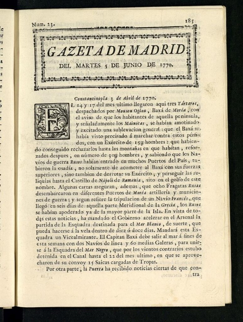 Miniatura de Gazeta de Madrid del 5 de junio de 1770
