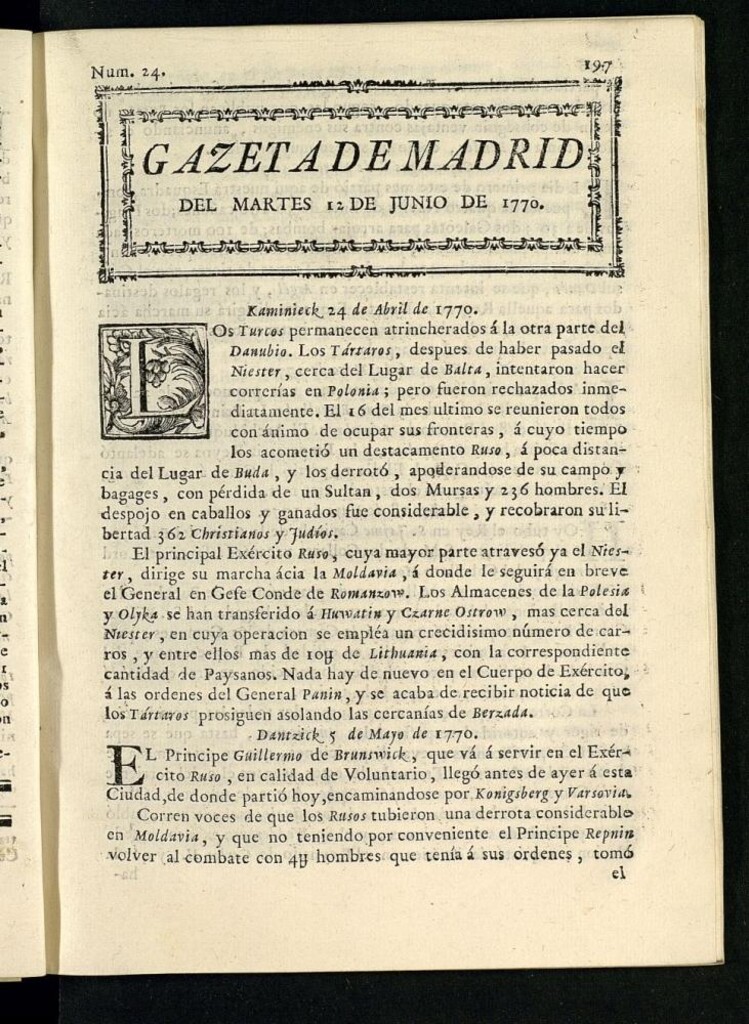 Miniatura de Gazeta de Madrid del 12 de junio de 1770