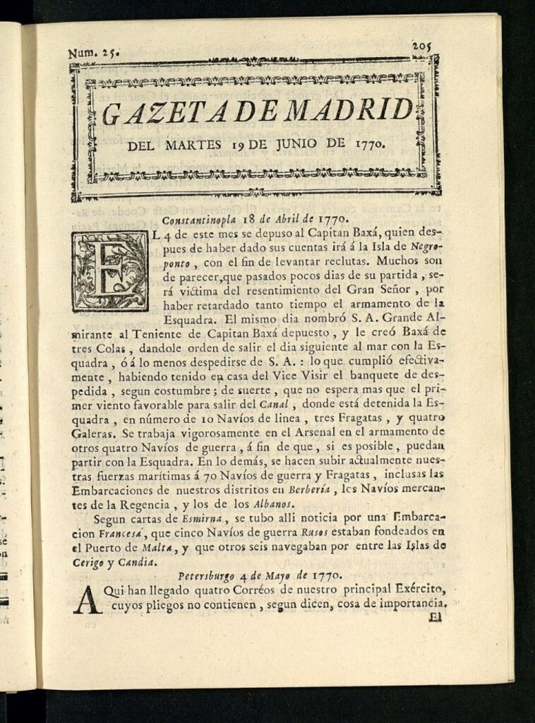 Miniatura de Gazeta de Madrid del 19 de junio de 1770