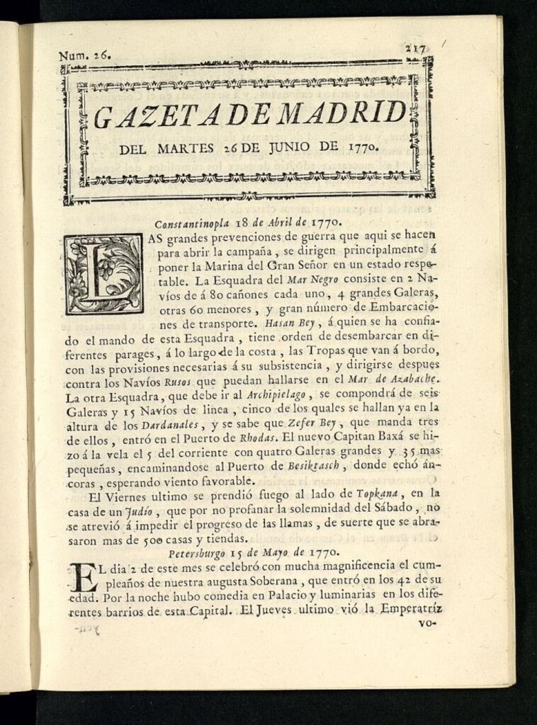 Miniatura de Gazeta de Madrid del 26 de junio de 1770