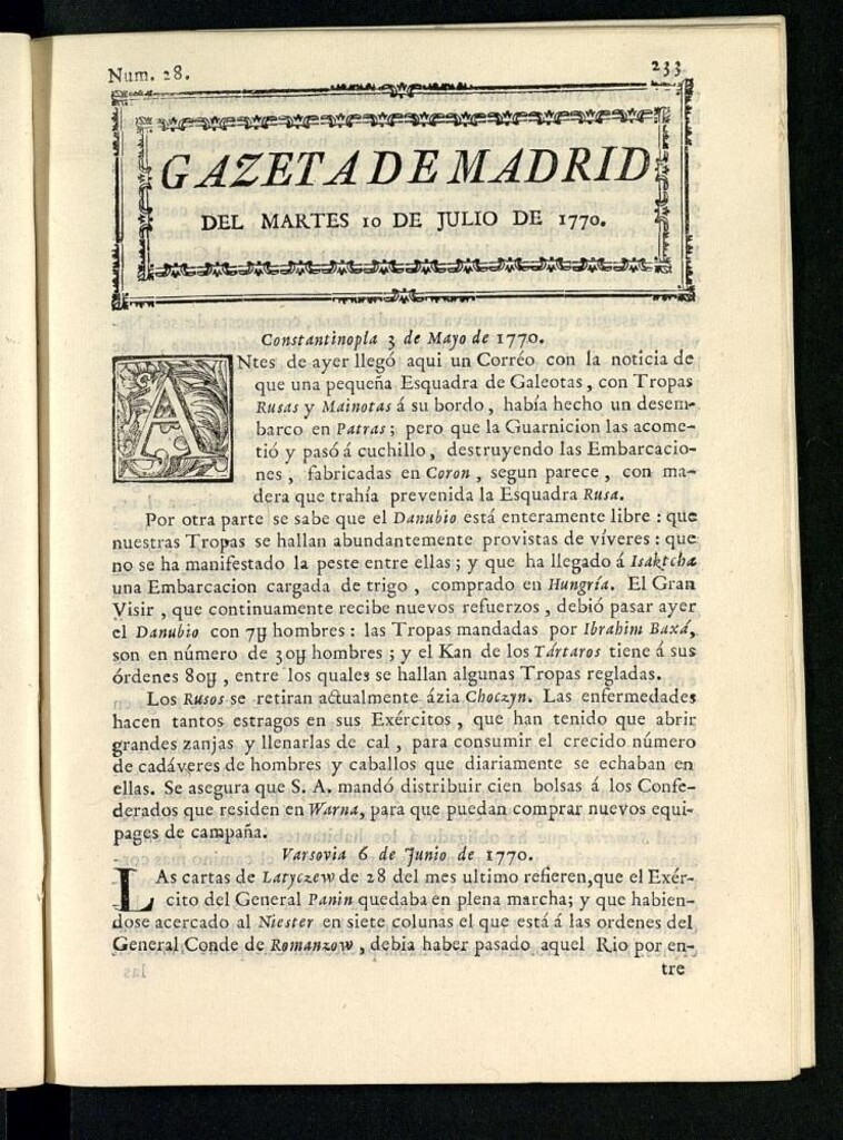 Miniatura de Gazeta de Madrid del 10 de julio de 1770
