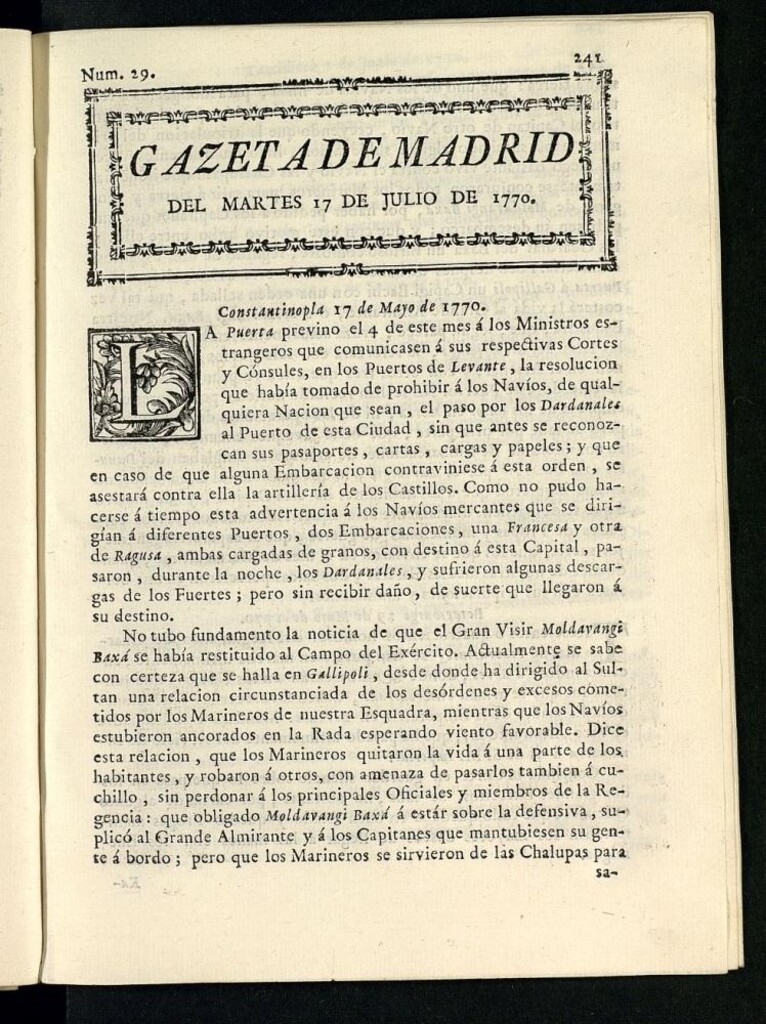 Miniatura de Gazeta de Madrid del 17 de julio de 1770