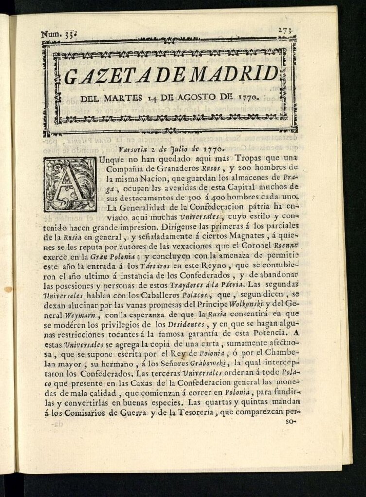Miniatura de Gazeta de Madrid del 14 de agosto de 1770
