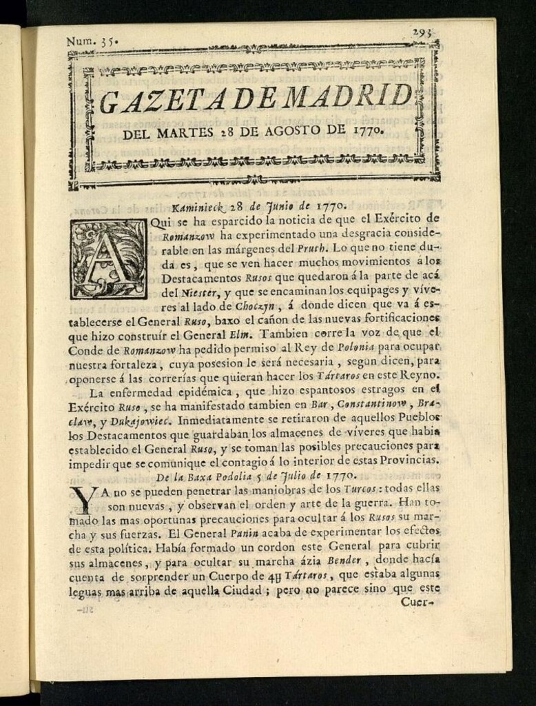 Miniatura de Gazeta de Madrid del 28 de agosto de 1770