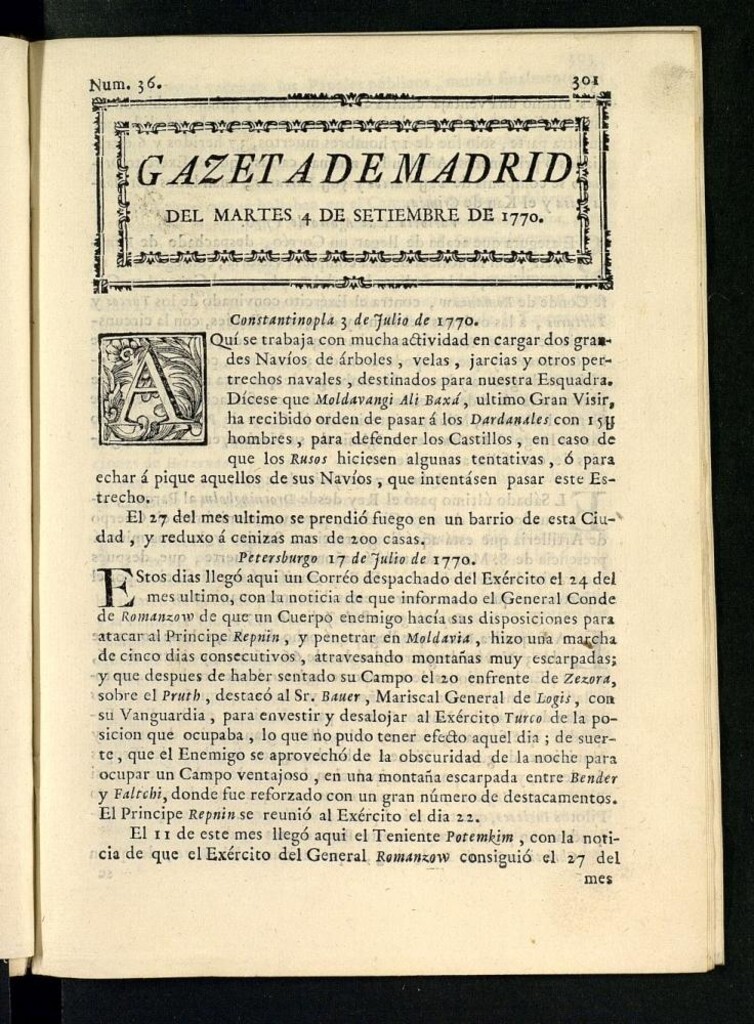 Miniatura de Gazeta de Madrid del 4 de septiembre de 1770